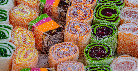 Colorful jelly mix sugar roll up sweet jelly and flavor fruit