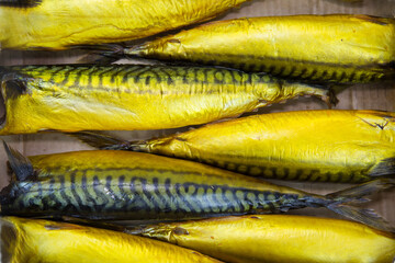 Mackerel (lat. Scomber) hot smoked without heads, tightly lying in a package with beautiful yellow bellies. Food is a delicacy snack for beer.