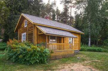 Old historical style log cottage in forest 