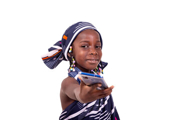 cute little girl giving mobile phone smiling.