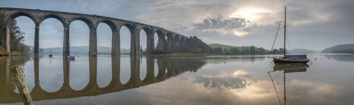 Brunel's St. Germans Viaduct over the River Tiddy at dawn, St. Germans, Cornwall, England
