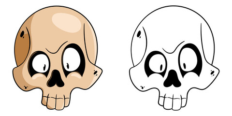 Vector illustration of a skull in cartoon style. Funny skull. Cartoon skull isolated on white background. Skull Coloring Book.
