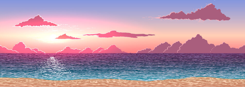 Beautiful Sunset On Ocean Sand Beach In Vector