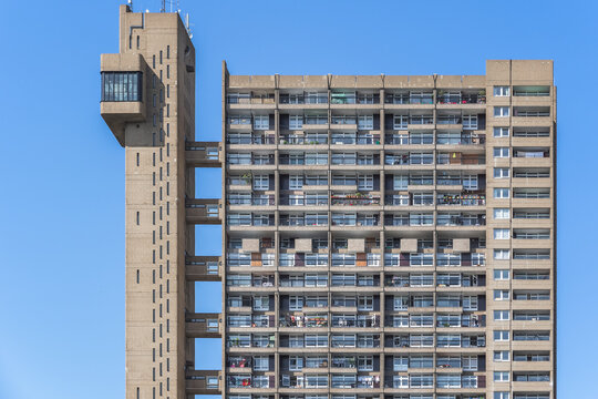Facade of a Brutalist style tower block, Trellick Tower, in London