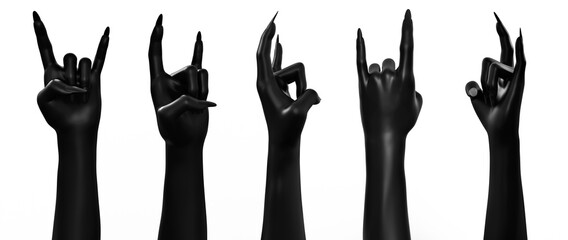 3d render illustration of female black colored creature or witch horns hand poses isolated on white background.