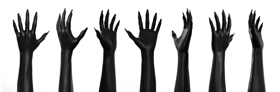 3d render illustration of female black colored creature or witch hand poses isolated on white background.