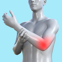 3d render illustration of male figure with red inflammated elbow area on blue background, traumatology clinic concept.