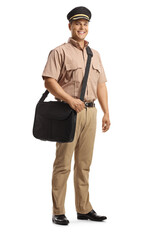 Full length portrait of a smiling mailman in a uniform carrying a bag