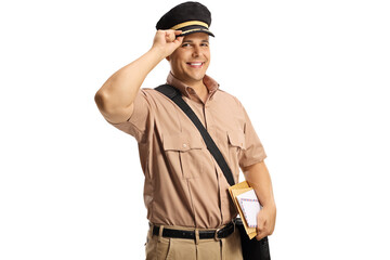 Young mailman in a uniform greeting with his hat