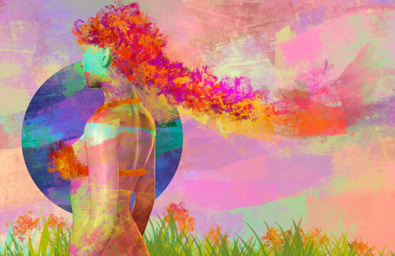 3d render illustration of female figure in multicolored paint with grass and sun, fantasy mother nature or ent goddess concept.