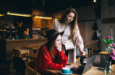Smiling young female students discussing project on laptop in cafe