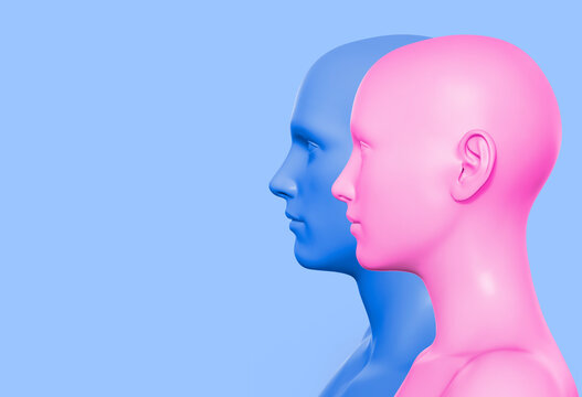 3d render illustration of blue and pink colored male and female faces on blue background, relationship psychology concept.