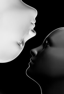3d render illustration of light grey and black colored female faces on black background, relationship, psychology or good and evil concept.