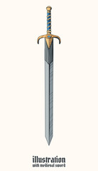 medieval colored sword with bold border in cartoon style
