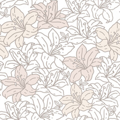 Vector seamless pattern in a hand-drawn style. Lily flowers and leaves. Linear drawing, pastel colors. Detailed plant element, botanical illustration. Vintage background design, print, textile.