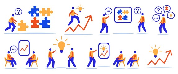 A set of illustrations on the topic of problem solving, business, teamwork. Design for presentations in flat style. Vector illustration.