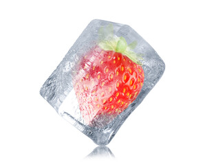 Delicious strawberry frozen in ice isolated on white