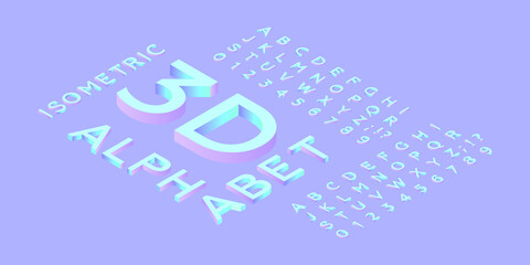 Obraz premium Isometric Latin Capital Letters, Numbers and Signs Font 3d Bold on Purple Background. Modern Vector Illustration. Pastel Colors Gradients. Social Media Template.