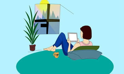 Obraz na płótnie Canvas A girl sitting in front of a window enjoying movies with coffee vector illustration 
