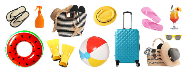 Set with beach ball and other accessories on white background. Banner design