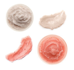 Set with different body scrubs on white background, top view
