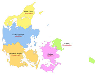 Carte du Danemark avec représentation des divisions par régions - Libellés des divisions administratives en anglais et en danois - Textes vectorisés et non vectorisés sur calques séparés