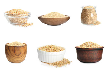 Set with raw quinoa in white background