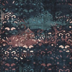 Seamless blue pink cream and navy surface pattern. High quality illustration. Overlaid and multiplied distressed and grungy worn abstract design for print. Detailed artistic repeat tile swatch. - 447337581