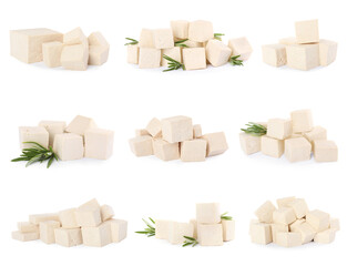Set with tasty raw tofu on white background