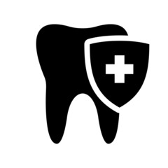 Dental Care icon. Dental Shield Tooth Protection. Healthy teeth and shield, anti-caries and protection bacteria. Teeth, insurance symbol.