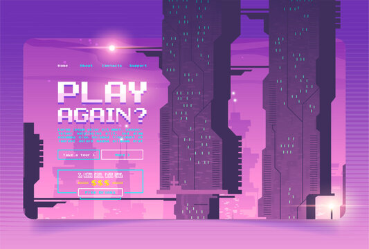 Arcade game banner with futuristic city background