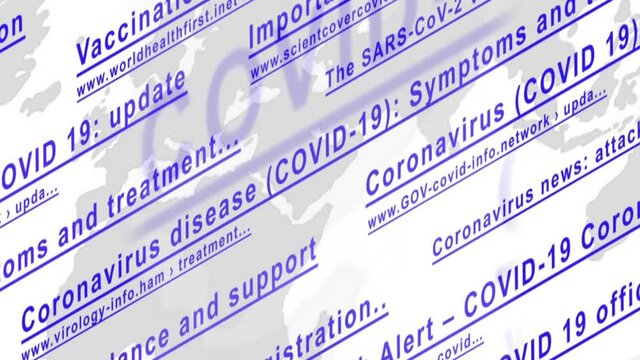 The links of imaginary no-existing websites for coronavirus with planet map move on a display, close up.