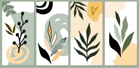 Botanical art vector set. Abstract plant art templates for print, cover, wallpaper, scrapbooking, romantic design, posters, greeting cards, announcements, advertisement, labels, postcards, invitations