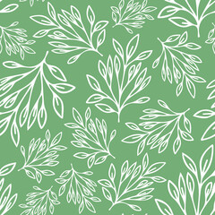Fototapeta na wymiar Botanical leaves seamless repeat pattern. Random placed, different sized vector outline plants all over surface print on green background.