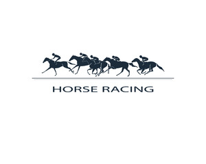 Horse racing logotype template. Group of five jockeys and horses during a race.