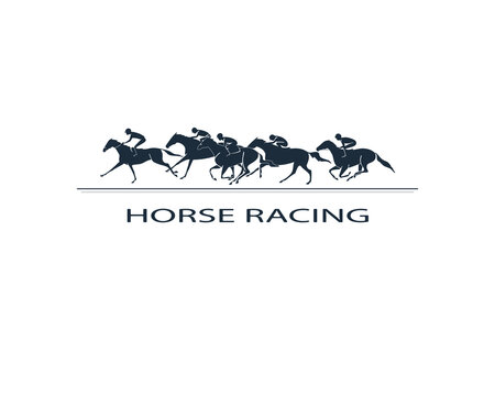 Horse Racing Logotype Template. Group Of Five Jockeys And Horses During A Race.