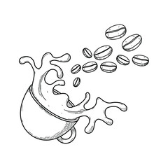 Abstract Hand Drawn Coffee Cup
With Splash And Beans Doodle Drink Takeaway Concept Vector Design Outline Style On White Background Isolated For Restaurant And Cafe