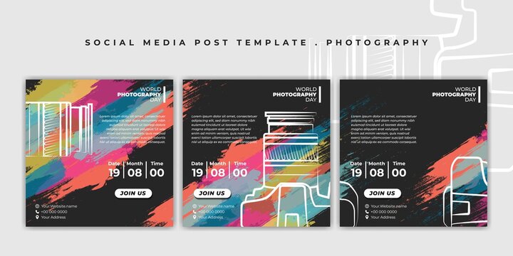 Set of black and colorful social media template. Social media post template with line art of camera design