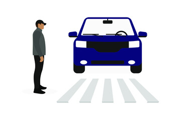 Male character stands in front of a pedestrian crossing and a car on a white background