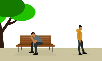 A male character is sitting on a bench and a female character is walking outdoors