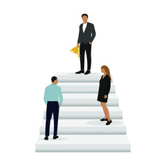 Obraz premium Three characters are standing on different rungs of the staircase, and one of them is standing on the top rung with a golden cup in hand