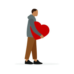 Male character with a big red heart in his hands stands on a white background