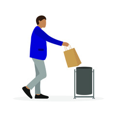 Male character throwing paper bag into trash can on white background