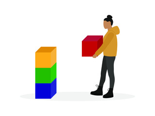 Female character carries a large cube to other cubes on a white background