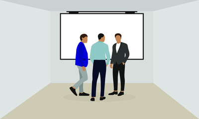 Three male characters in business clothes talking in a room with a screen on the wall
