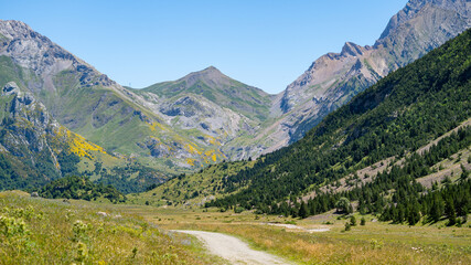 Fototapeta na wymiar Hermosa vista del Valle de Otal con montañas y colinas verdes