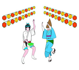 Awa Odori – The traditional Japan dance festival drawing in cartoon vector with Cute Japanese woman and smart Japanese man holding Japan style fan dance - obrazy, fototapety, plakaty
