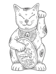 Maneki neko. Japan lucky cat with raised paw. Vintage hatching monochrome