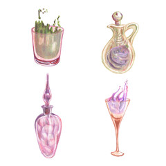 Collection of different drink glasses and bottles  with potion in the technique of colored pencils. Splash effect. Hand drawn.