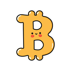 Cute funny bitcoin character. Vector hand drawn cartoon kawaii character illustration icon. Isolated on white background. Bitcoin character concept